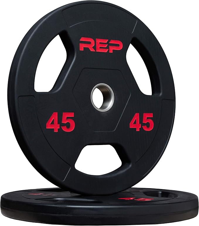 REP Fitness Rubber Coated Olympic Plates, Updated Design - Tri-Grip Olympic Barbell Weights – Sold in Pairs and Sets…