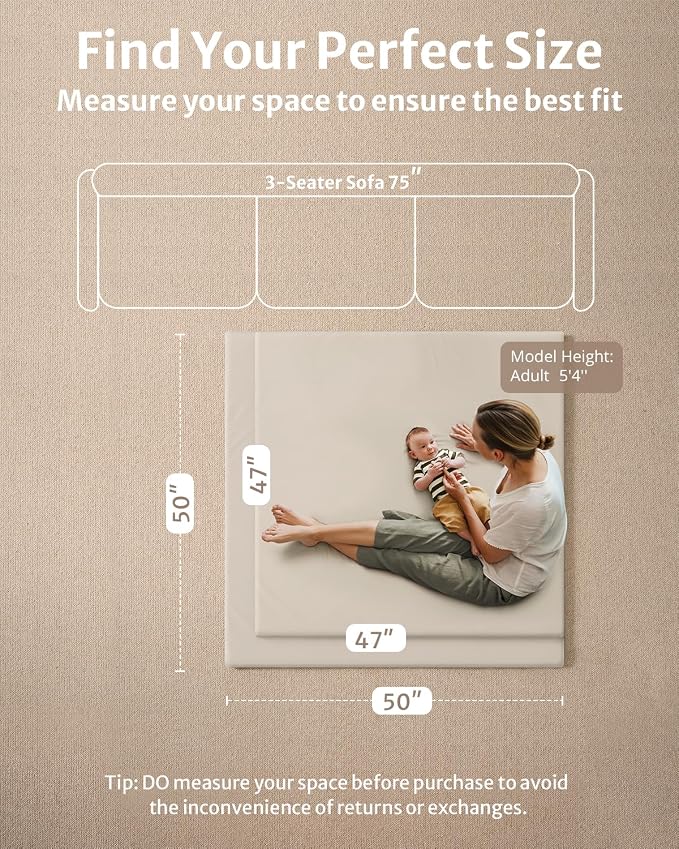 Blissful Diary Vegan Leather Baby Play Mat, 47''x47'', Beige | thick cushion, safe and soft fabric, waterproof and wip clean, indoor use, non-slip bottom, stylish mordern decor