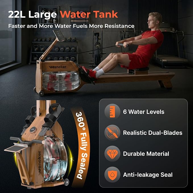 Water Rowing Machine for Home Use, WENOKER Wooden Foldable Rower Machine with Dedicated Monitor & Bluetooth APP
