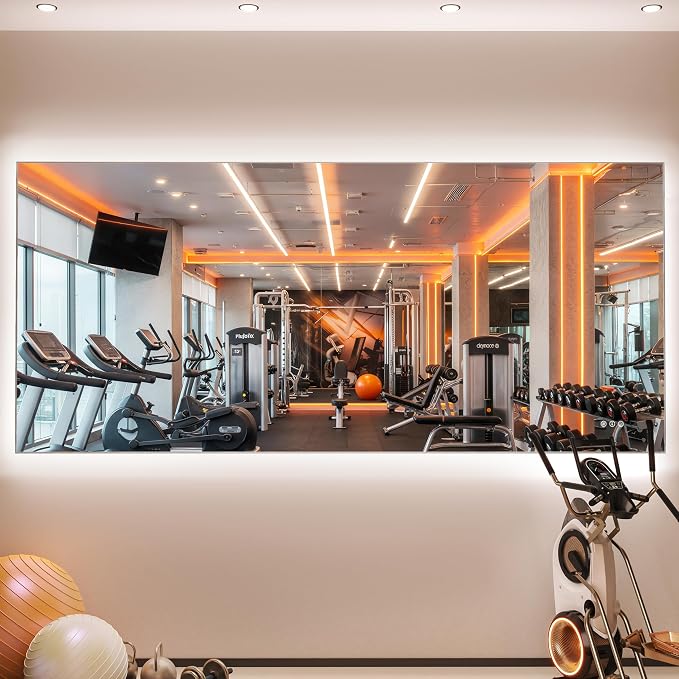 Hasipu 95''x 40'' Home Gym Mirror with Lights Dimmable Anti-Fog Large Full Length Wall Mounted Full Body Mirror for Yoga Dance Fitness Exercise Studio Bedroom Garage, Tempered Glass Workout Mirrors