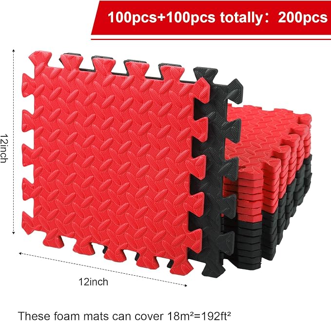 Ecally 200 Pcs 12 x 12 Gym Mat Foam Floor Mats for Home Gym Covers 96 Sq Ft Puzzle Exercise Square Interlocking Carpet Tiles with Border for Workouts Equipment Yoga Pilates (Black,Red)