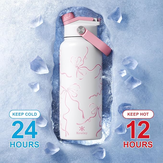 KEWIXY 32 oz Pink Water Bottle, 2-in-1 Lid, Straw & Spout with Protected, Leak Proof, Keep Cold, Stainless Steel, Metal, Reusable, Handle, for Travel, Gym and School, Breeze Pink Bow