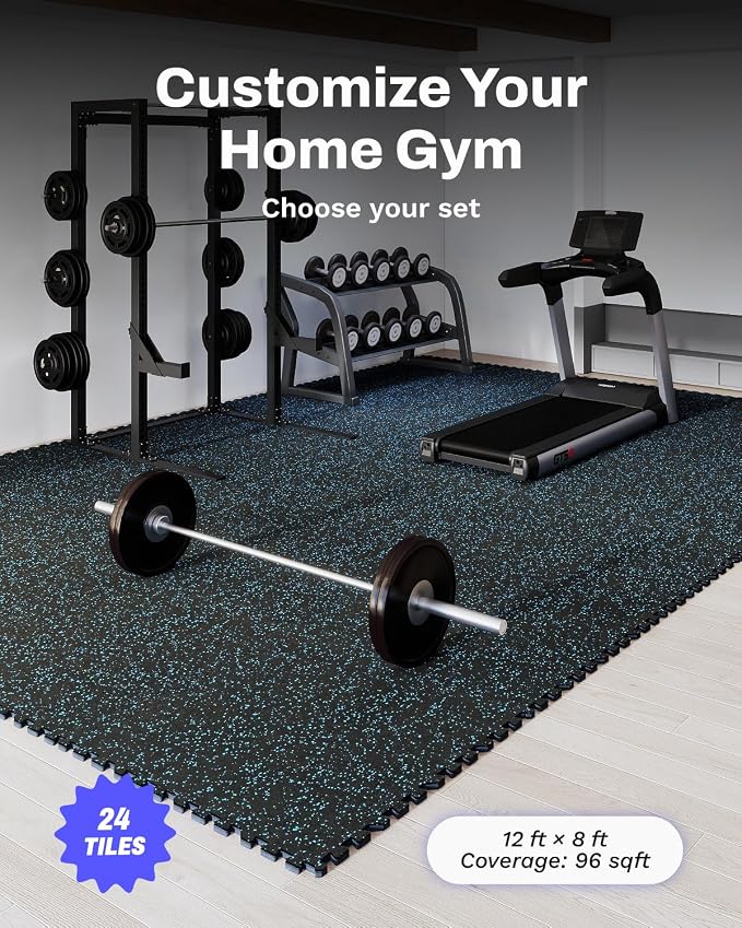 AIRHOP 0.56in Thick 96 Sq Ft Exercise Equipment Mats, 24Tiles Upgraded Rubber Top with High Density EVA Foam, Large Interlocking Puzzle Gym Flooring for Home Gym, Heavy Weight Workout, Black & Blue