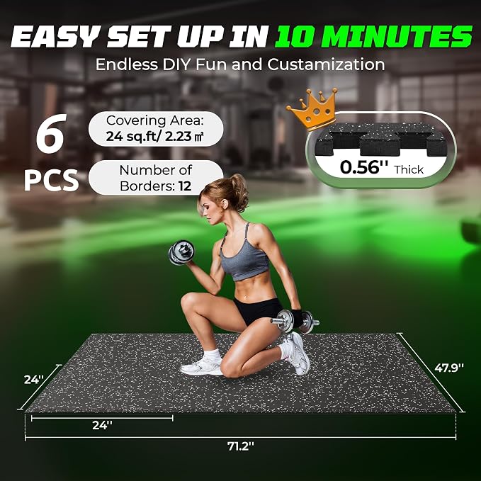 PRAISUN 0.56" Rubber Top Gym Flooring, Heavy Duty Interlocking Gym Mats for Home Gym, Non-Slip Workout Mat, 24 x 24in Large Gym Floor Mat, Protect Floors from Weights & Equipment, 24 Sq Ft, Black/Grey