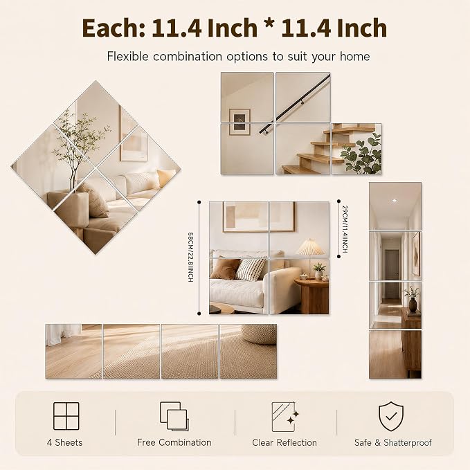 4 Pack Tempered Glass Gym Mirror Tiles 12" x 12" Each Self-Adhesive Wall Mirrors, Frameless Workout Mirrors Full Body for Home Gym Workout Yoga