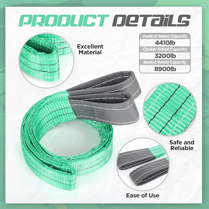 4 Pcs Lift Sling Straps Heavy Duty Web Slings Straps Polyester Nylon for Hoist Car Outdoor Using