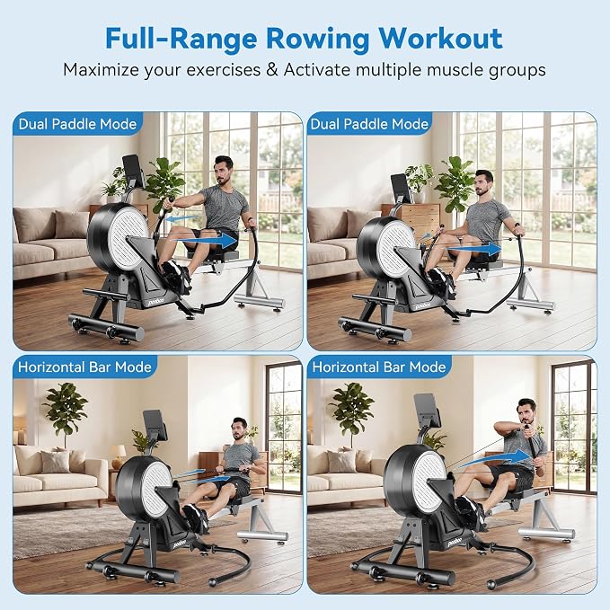 pooboo Dual Scull Rowing Machine with Wind and Magnetic Resistance | 400 LB weight capacity, 14 resistance levels, foldable design, quiet operation and app support for convenient home workouts