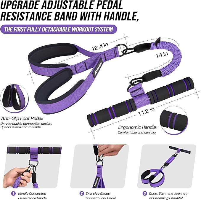 Upgrade Pedal Resistance Band with Handle, Adjustable Tube Foot Pedal Device Puller Exercise Bands, for Abs Arm Leg Waist Workout, Core Pilates, Sit Up Fitness Equipment for Full Body Training