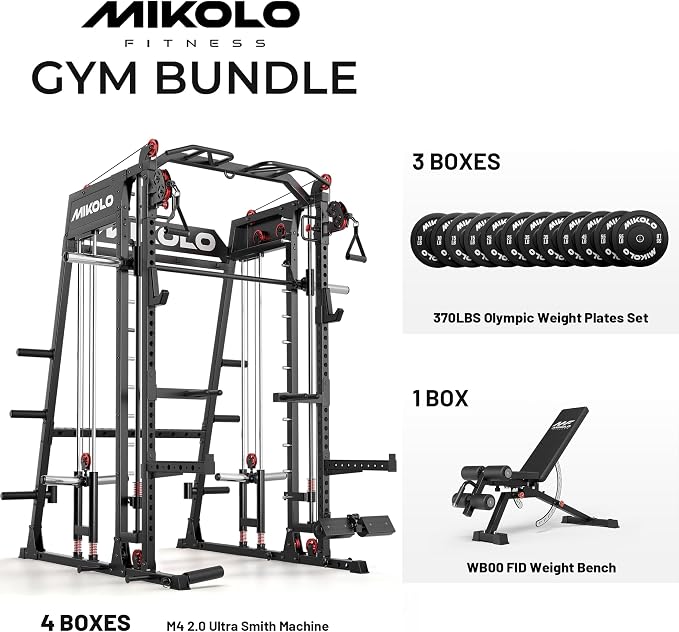 Mikolo M4 2.0 Smith Machine, 2200lbs Squat Rack with LAT-Pull Down System & Cable Crossover Machine, Training Equipment with Leg Hold-Down Attachment