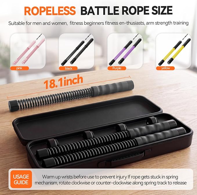 Ropeless Battle Ropes for Home Gym, 3 Adjustable Resistance, Heavy Duty Cordless Battle Ropes for HIIT, Full Body Workout, Men & Women, Black