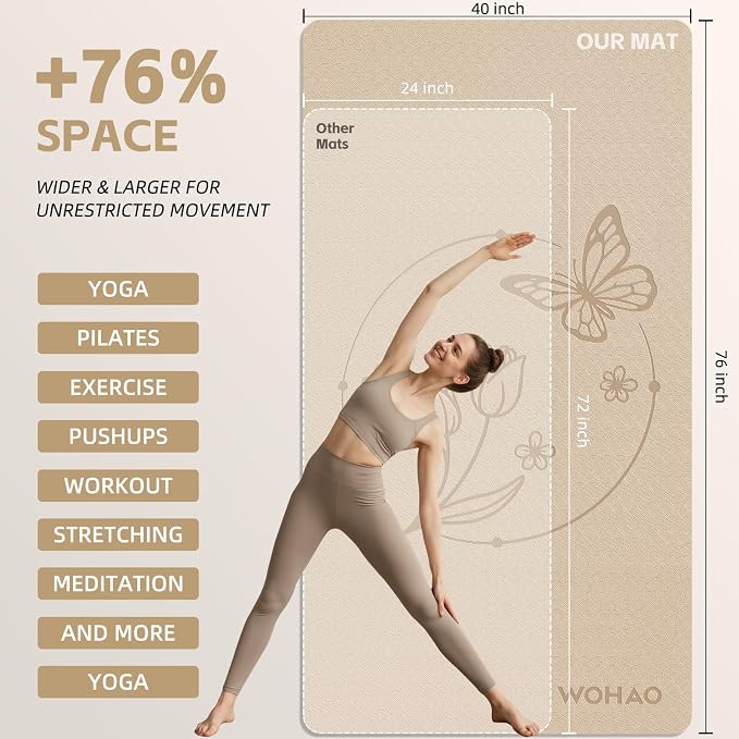 Large 76"x40"x0.4" Yoga Mat | Extra Width & Thick, Non-Slip Exercise Mat, Versatile for Stretching, Yoga Studio, Gym, Home & Indoor/Outdoor Workouts