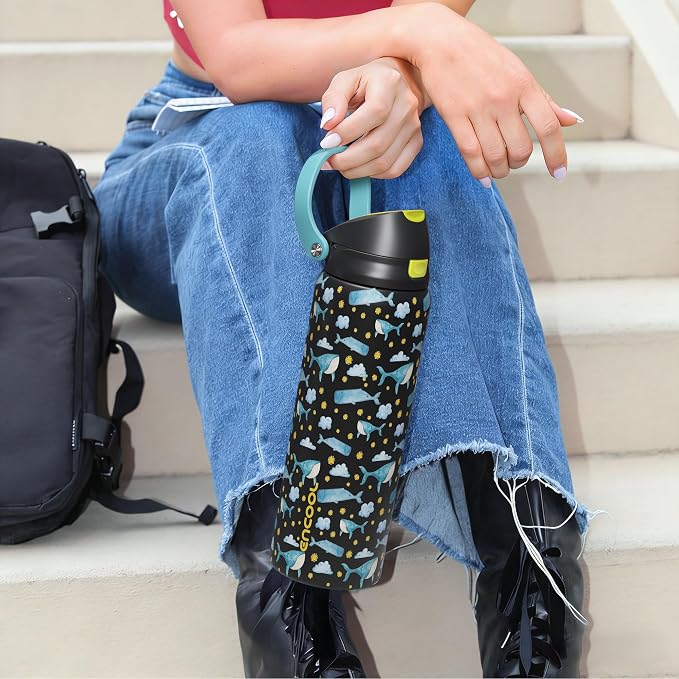 ENCOOL Leakproof Insulated Water Bottle with Straw Dual-Sip Water Bottle Bag-Safe Design for Work, Commute & Gym – Keeps Drinks Cold All Day, 24 oz, Sky Whale