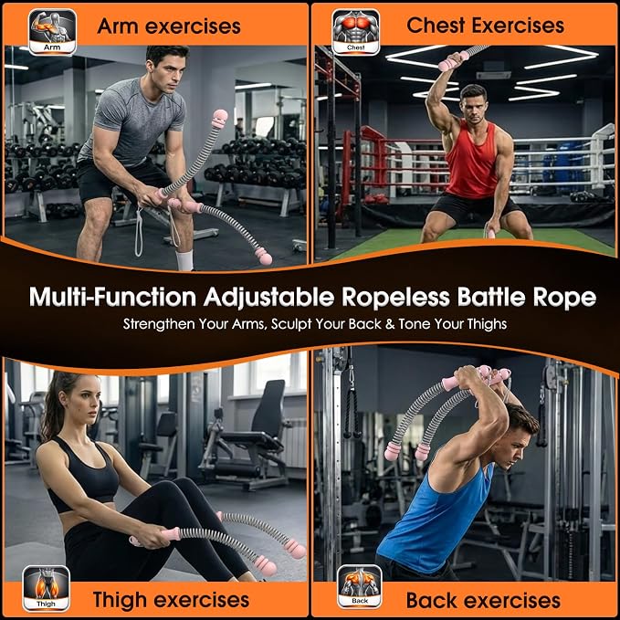 Ropeless Battle Rope Portable Cordless Weighted for Home Gym (Pink) | Adjustable sliding weights No anchor needed Non-slip grip & wrist strap Quiet HIIT at home Full-body cardio & strength