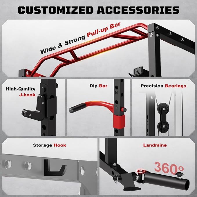 JELENS S11 Power Cage, 2000LB Multi-Function Power Rack with LAT Pulldown, Squat Rack with Adjustable Pulley System and Training Attachments, Weight Rack for Home Gym