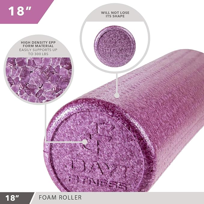 Day 1 Fitness High Density Muscle Foam Rollers - Sports Massage Rollers for Stretching, Physical Therapy, Deep Tissue, Myofascial Release - Ideal for Exercise and Pain Relief – Solid Purple, 18”