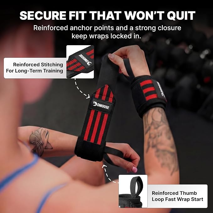 DMoose Fitness Wrist Wraps for Weightlifting 18" - Heavy Duty Gym Wrap with Hand Thumb Loop for Support & Pain Relief, USPA Approved Powerlifting, Weight Lifting Wrist Straps for Men & Women Work Out