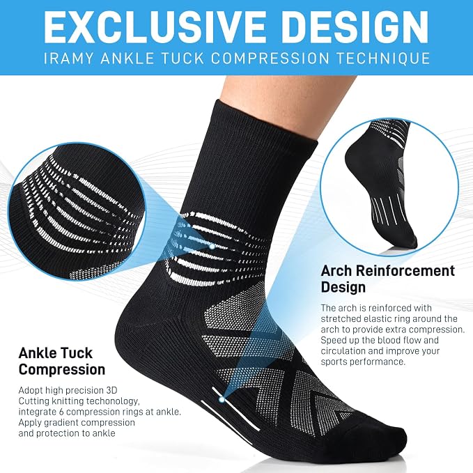 IRAMY Compression Ankle Support Crew Socks Men Women Wicking Plantar Fasciitis Relief Running Hiking Socks 3 Pairs