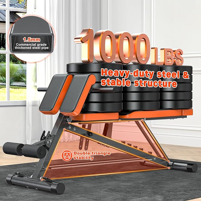 XDDIAS Roman Chair, Adjustable Weight Bench Back Extension Machine for Home Gym, 1000LBS All-in-One Sit Up Bench with Dumbbell Rack, Incline, Decline, and Flat Bench for Hyperextension, Core, Glute