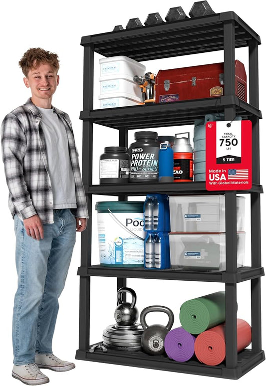 IRIS USA Plastic Storage Shelves |Made in USA| 73"H x 36"W x 18"D - Black | Heavy Duty Rack Organizer, 750lb Total Capacity, 150lb Per Shelf, Shelving Unit for Garage, Home, Warehouse & Gym