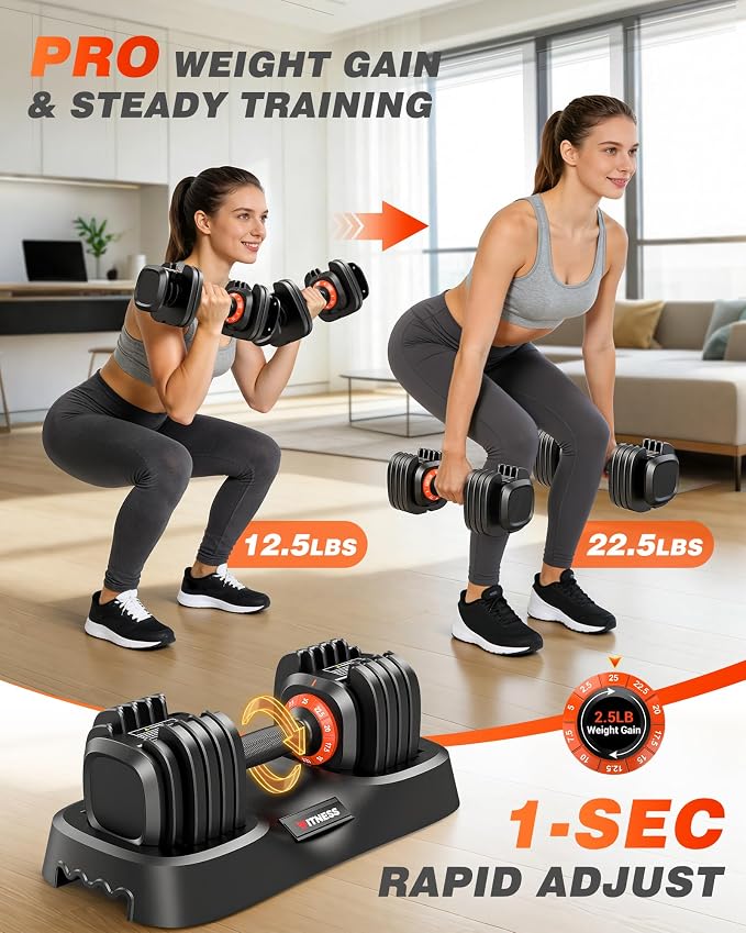 Rendpas Adjustable Dumbbell Set for Home Gym Strength Training | 25/55/80LB Pair, 10-in-1/16-in-1 Weight Set, 1-Sec Quick Adjust, Non-Slip Knurled Grip, Dual-Lock Safety, Space-Saving Tray