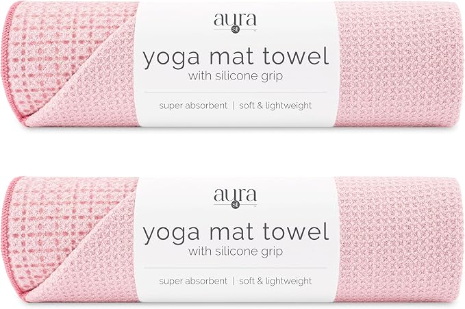 S&T INC. Aura Microfiber Yoga Mat Towel with Grip, 2 Pack, 24" x 72", Pink | Silicone Grip Backing, Soft and Absorbent, Quick-Dry for Gym, Pilates, and Hot Yoga, Compact for Gym Bag, Machine Washable