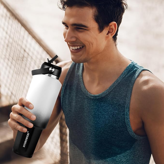 HYDROWION 32 oz Insulated Water Bottle, Car Water Bottle Holder - Double Wall Vacuum Insulated Travel Bottle with Straw Lid, Spout Lid and Flex Cap - Cold for 24H, Hot for 12H, Blue - Panda