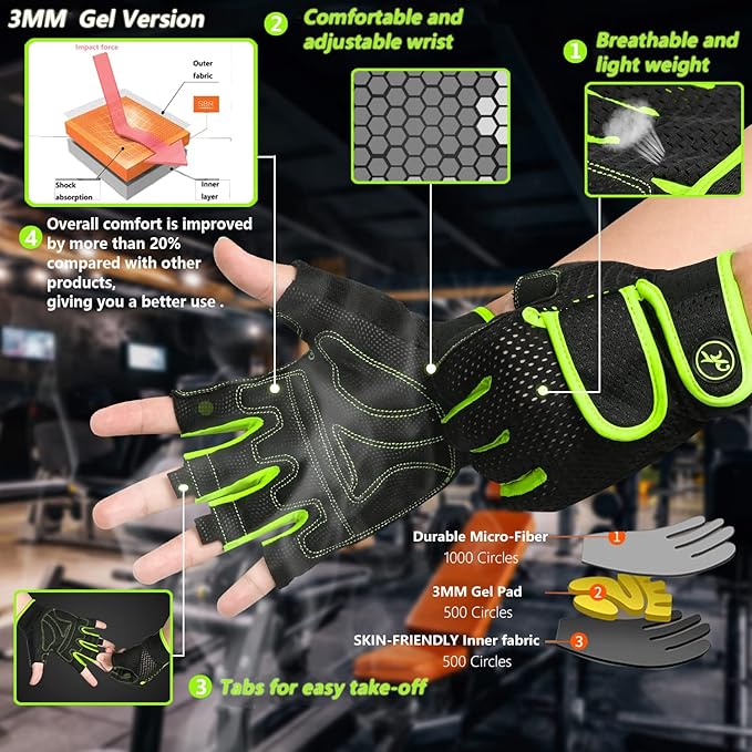 MOREOK Workout Gloves Padded Weight Lifting Gloves for Men/Women, [3MM Gel] Fingerless Grip Gym Gloves Fitness Gloves for Exercise,Hanging,Weightlifting, Cycling, Pull ups, Rowing