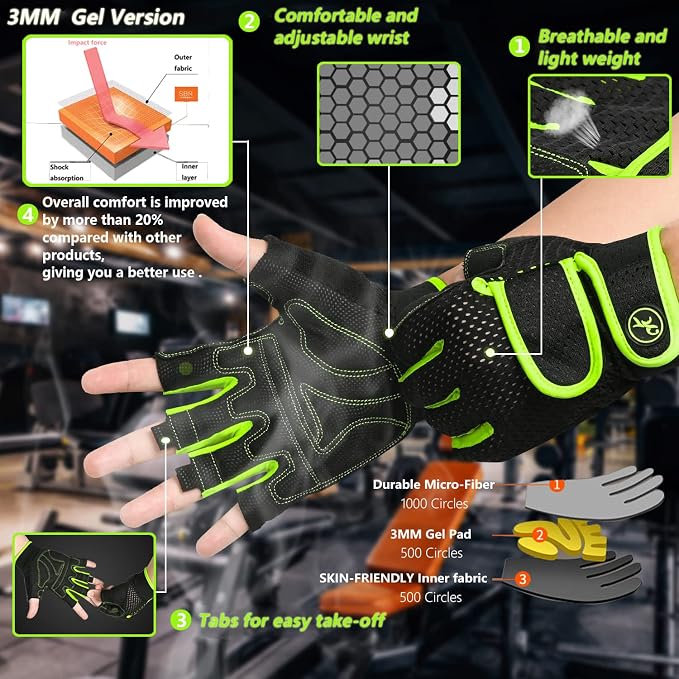 MOREOK Workout Gloves Padded Weight Lifting Gloves for Men/Women, [3MM Gel] Fingerless Grip Gym Gloves Fitness Gloves for Exercise,Hanging,Weightlifting, Cycling, Pull ups, Rowing