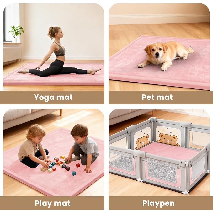 ACOMOPACK Baby Play Mat for Floor 1.3" Thick Memory Foam Play Mat 79"×118" Tummy Time Crawling with Non-slip Bottom for Living Room,Nursery,Soft Velvet Playpen Mats for Kids,Infants（Pink）