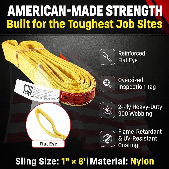 DD Sling 1 Inch x 6 Foot Nylon Lifting Sling – USA Made, 3,200 lb Vertical, 2,600 lb Choker, 6,400 lb Basket – 2-Ply Heavy Duty 900 Webbing, Type 3 Flat Eye & Eye Rigging Sling