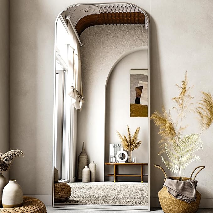 XRAMFY Full Length Mirror, 71"x28" Floor Mirror Freestanding, Arched Floor Standing Large Mirror Full Body Mirrors with Stand for Bedroom, Hanging Mounted Mirrors for Living Room, Silver