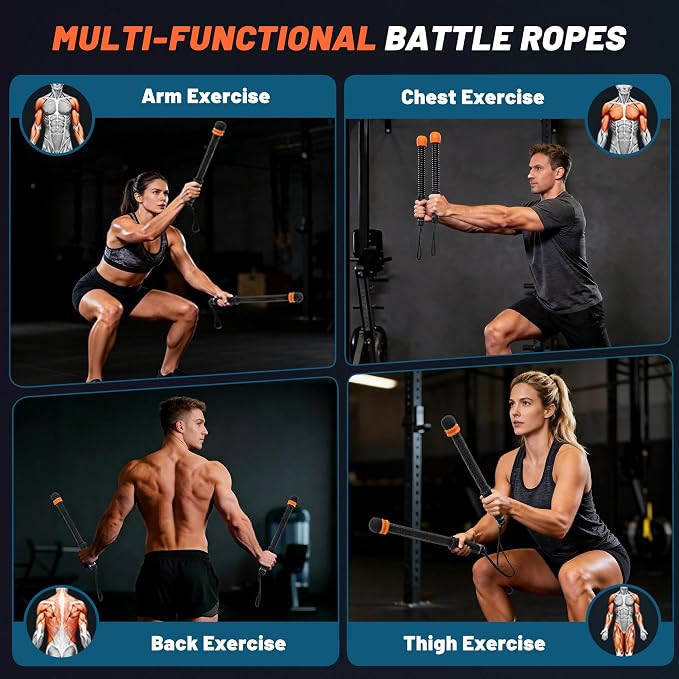 Adjustable Ropeless Battle Ropes for Home Gym,Cordless Battle Ropes with Storage Bag,Portable Workout Ropes for Strength & HIIT,Aerobic Training for Men & Women(Adjustable-Black(2pack))