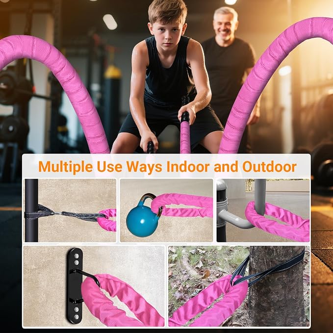 Battle Ropes for Home Gym 1 Inch Diameter 30FT Length Workout Rope Exercise Rope Training Ropes with Protective Sleeve for Kids Men Women Exercise Fitness & Strength Training-Pink