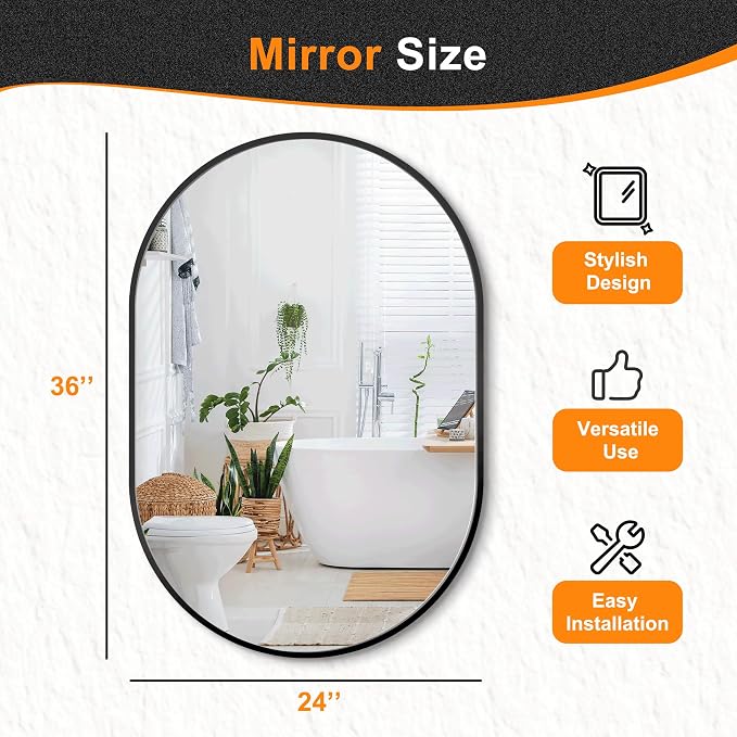 Bathroom Vanity Mirror for Wall, 36''x24'' Black Oval Bathroom Mirror for Over Sink, Bedroom, Living Room, Entryway, HD Tempered Glass, Wall Mounted Horizontally or Vertically