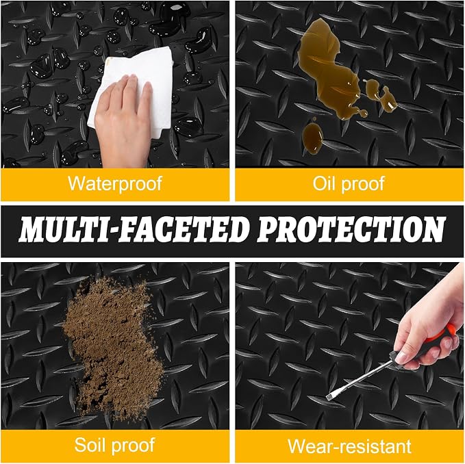 8x25 FT Garage Floor Mat, 2.8mm Thickened Flooring Roll for Under Car Diamond Plate PVC Rubber Mat with 20 Pcs Tapes, Non-Slip Floor Mat for Garage, Warehouse, Gyms, Trailer, Black