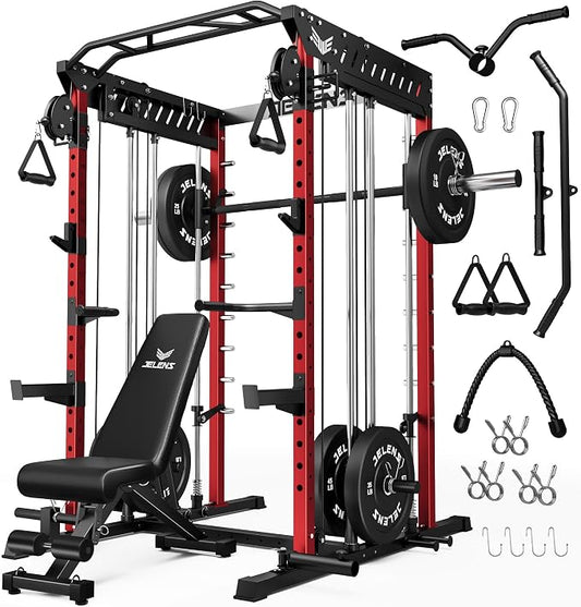 JELENS M21 Smith Machine, Multi-Function Power Cage with Dual Pulley Cable Crossover System, 2000LBS All-in-One Squat Rack with Smith Bar and Attachments for Home Gym