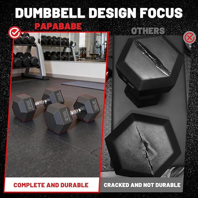 PAPABABE Dumbbell Set with Rack, 540-850lb, Rubber Encased, Home Gym | Complete & Durable Cast Iron Core Odorless PVC Antiroll Hex Shape Ergonomic Chrome Handle Versatile Home Gym