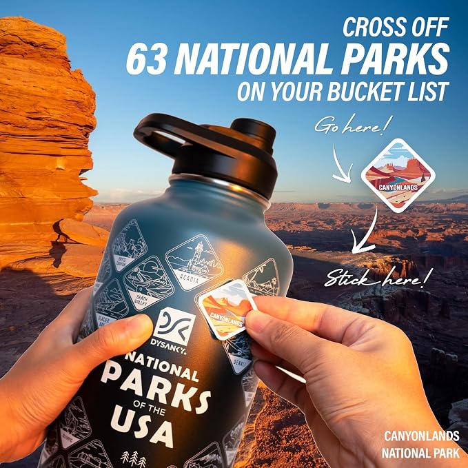 DYSANKY National Parks Water Bottle – 64 oz Insulated Stainless Steel Bottle with 63 Hand-Drawn Park Stickers, Carrier Bag, Strap & Gift Box – BPA-Free – Ideal for Hiking, Camping & Travel