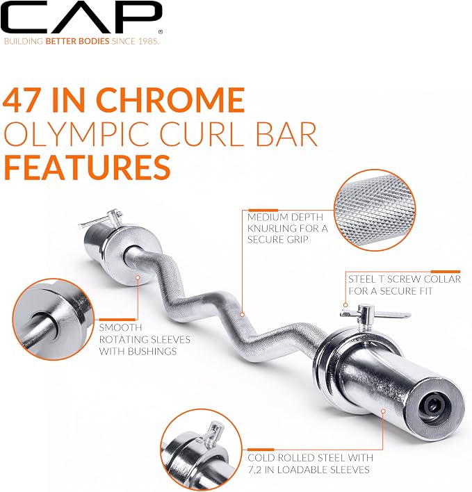 CAP 47" Olympic EZ Curl Bar | Heavy Duty Solid Steel, 200 lb Capacity
