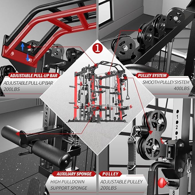 Smith Machine，Multi-Function Squat Rack Power Cage with Cable Crossover System,with Optional Weight Bench, Olympic Barbell Weight Set, for Home Gym