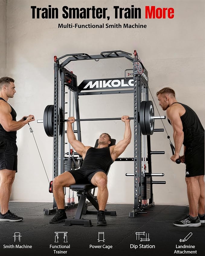 Mikolo M4 2.0 Smith Machine, 2200lbs Squat Rack with LAT-Pull Down System & Cable Crossover Machine, Training Equipment with Leg Hold-Down Attachment