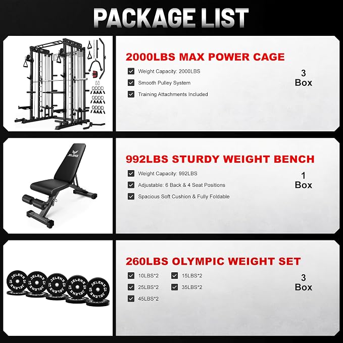 JELENS Smith Machine for Home Gym, Multi-Function M12 Power Cage with Cable Crossover System, Squat Rack with Smith Bar and More Attachment