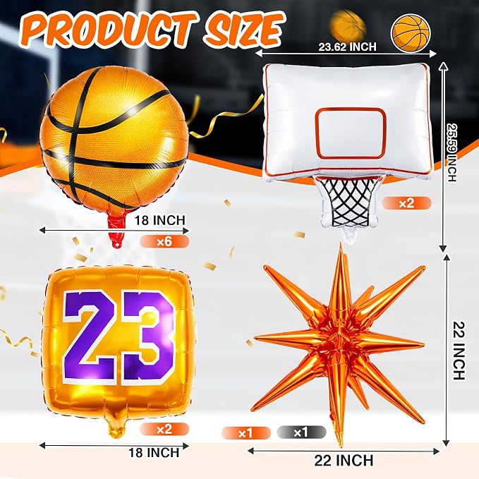 Soulchen 12 Pcs Basketball Birthday Party Balloons Decorations 6 Pcs Basketball Aluminum Foil Balloon 2 Hoop Foil 2#23 Jersey 2 Exploding Star for Birthday Party Sports Themed Decorations
