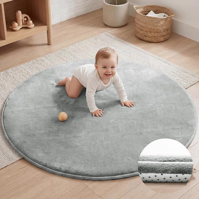 Baby Play Mat for Floor,1.3" Thick Elasti-Foam 47in Round Mat for Tummy Time,Water Repellent Soft Coral Velvet for Toddler,Infant,Kids,Non-Slip Backing Safe for Crawling(Light Grey)