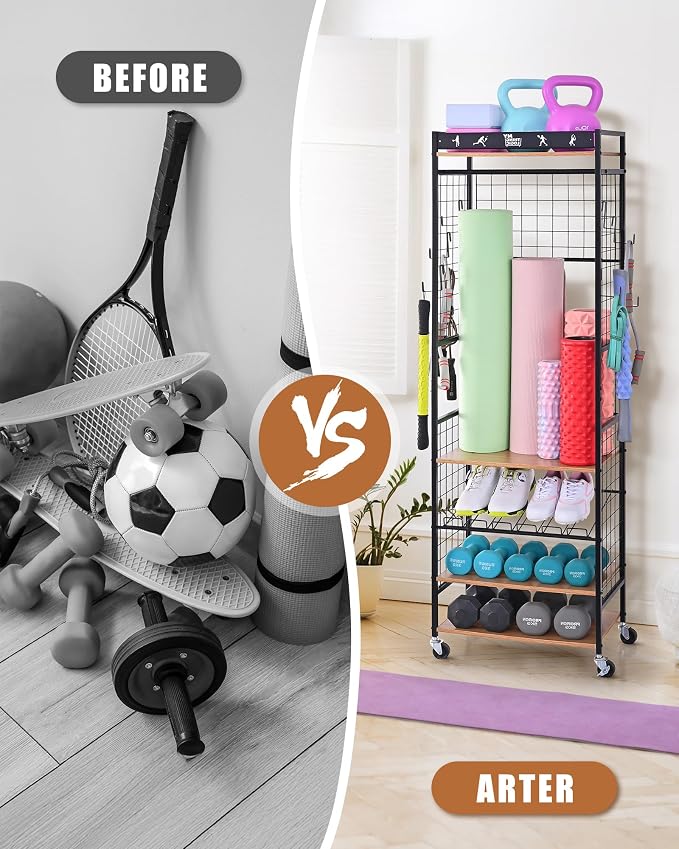 Mythinglogic Home Gym Storage Rack with Wheels for Dumbbells and Yoga Mats | Versatile storage with shelves, hooks and side holders for kettlebells, foam rollers, bands, weight plates and gym gear