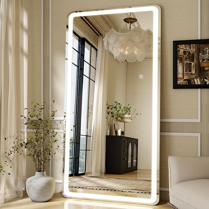 Large Led Mirror Full Length 34 x 76 Inch Tempered Glass | Full Body Mirrors with Dimming & 3 Color Lighting Standing Leaning or Hanging led Mirrors for Bedroom Dressing Room Rect