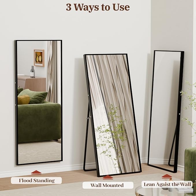 58"×18" Full Length Mirror, Shatterproof Tempered Glass Floor Mirror, Alum Alloy Thin Frame Standing Mirror with Freestanding/Leaning/Wall Mount for Bedroom, Living Room & Entryway, Black