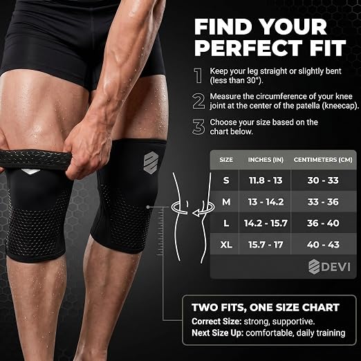 Knee Sleeves 7mm for Weightlifting, Squats, Fitness, Powerlifting, with Advanced 2025 Anti-Slip Design, Premium Neoprene, Constant Compression Brace, Gym Training Support - 1 PAIR - Men Women – DEVI