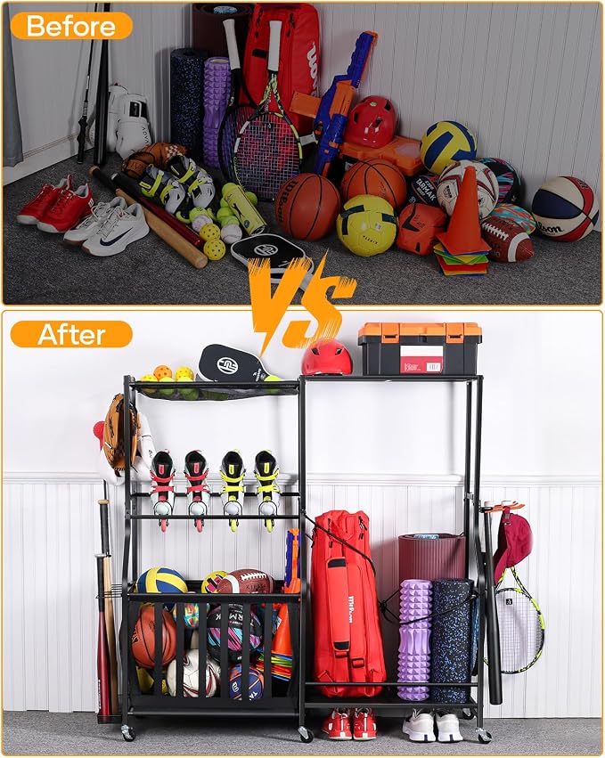 EXTCCT Garage Sports Equipment Organizer with Wheels - Golf Bag Storage Rack and Ball Storage Bins, Heavy Duty Rolling Garage Organizer System with Basket and Hooks for Indoor (Black-Large)