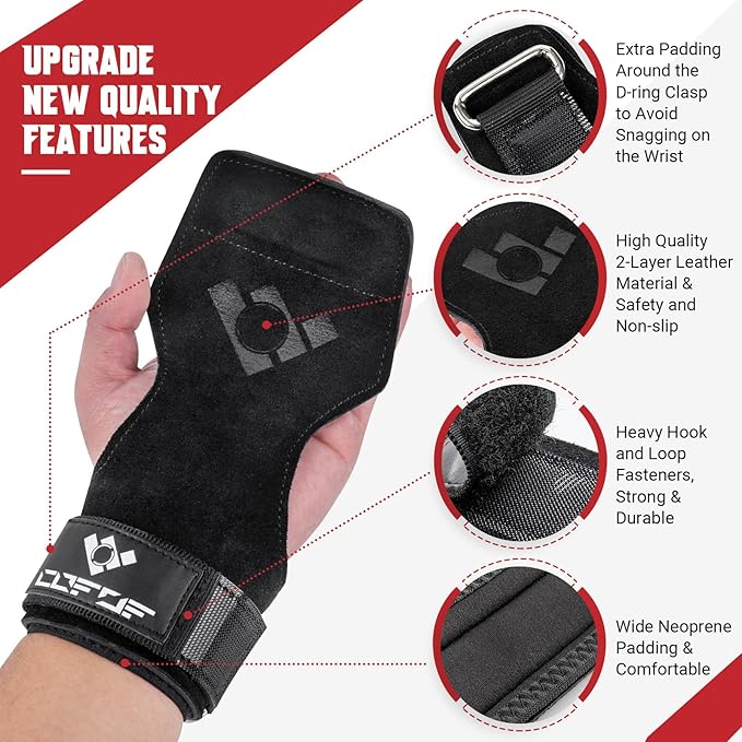 Weight Lifting Wrist Strap, Double-Layer Leather for Deadlift Powerlifting | Gym Strap with Adjustable Neoprene Padded Fit for 6.3–8 Inch Wrist, 8.07-Inch Leather Strap, Gym Workout Lifting Hook (Pair)